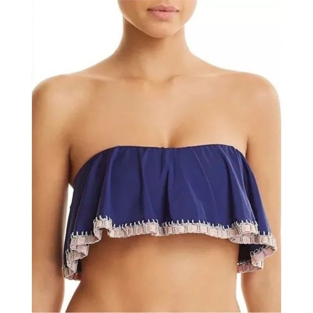 NWT PilyQ Swim Platinum Crochet Trim Flutter Bikini Top Navy/Pink PQ Size M